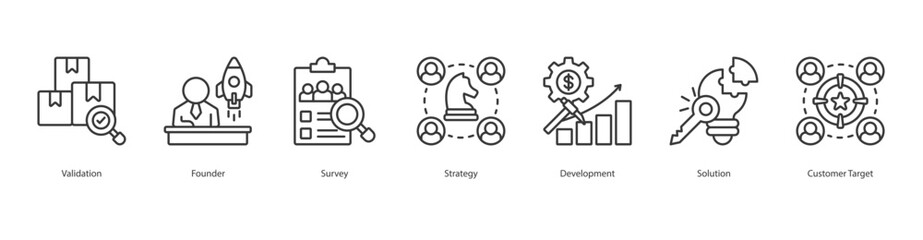 Market Fit banner web icon set vector illustration concept with icon of validation, founder, survey, strategy, development, solution, customer target