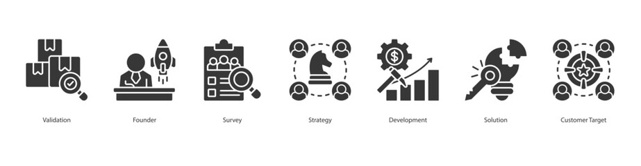 Market Fit banner web icon set vector illustration concept with icon of validation, founder, survey, strategy, development, solution, customer target