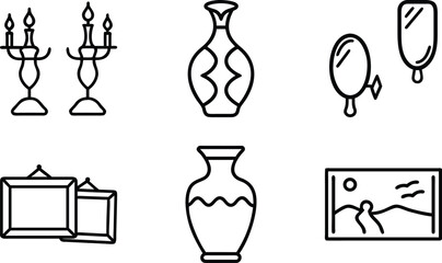 A clean and minimalistic set of six black silhouette icons representing various home decor items, displayed on a white background. This vector style illustration includes a candelabra, decorative vase