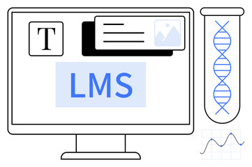 Computer screen displaying LMS interface with text, image components, and DNA in test tube. Ideal for education, science, e-learning, innovation, technology, knowledge sharing simple flat metaphor