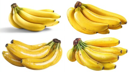 Four bunches of yellow bananas with dark stems, isolated on a white background