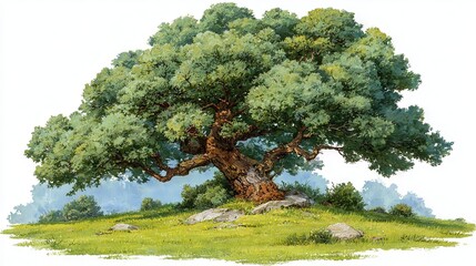 Illustration of an old oak tree standing on a green hill at summertime. Isolated on white background.