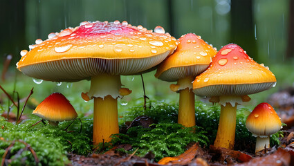 Raindrops on Mushroom Cap in Forest