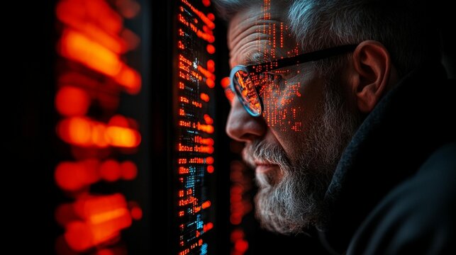 Close-up of senior man, focused on glowing digital display