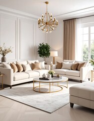 Elegant living room with neutral tones, plush sofas, a large chandelier, and gold accents