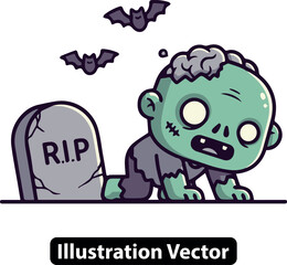 A funny zombie baby character illustration crawling in a graveyard for a spooky Halloween concept