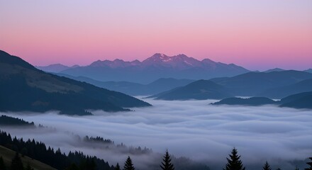 Fototapeta premium Majestic mountain range at dawn, shrouded in ethereal mist under a pink and blue sky providing a