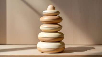 Vintage-style stacking toys in warm muted colors create a nostalgic feel with timeless childhood charm