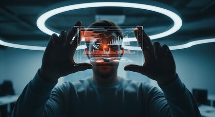 Silhouetted person holding a glowing transparent screen displaying complex digital data visualizations and charts in a dark, futuristic room.