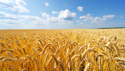Golden Wheat Field Under a Bright Blue Sky with Fluffy Clouds agriculture yellow