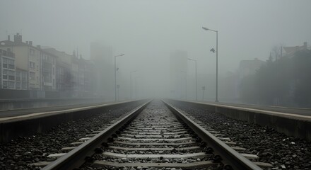 Obraz premium Eerie atmosphere of train tracks fading into the distance on a foggy and misty day suggesting