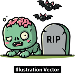 A cute cartoon zombie crawling from a grave next to a tombstone with flying bats