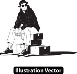 Urban youth fashion concept of a person in a hoodie sitting on a pile of stacked boxes