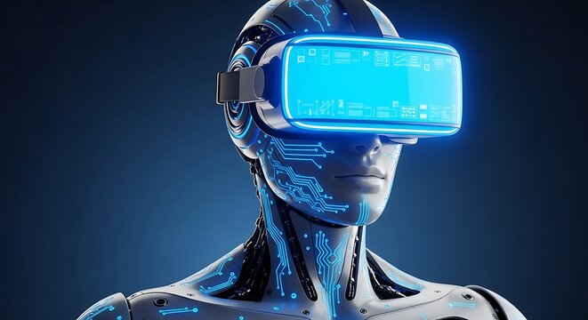Robotic humanoid wearing a glowing blue virtual reality headset on a blue background.