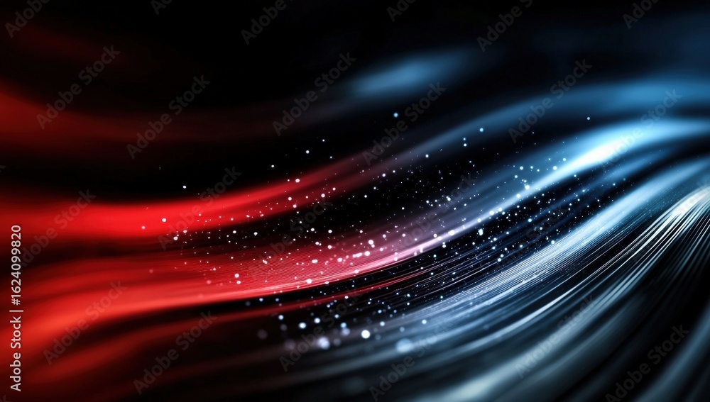 Poster a dynamic abstract image featuring flowing waves in red, blue, and black, with sparkling elements th