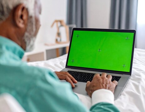 Elderly man reclined on bed, using laptop with green screen