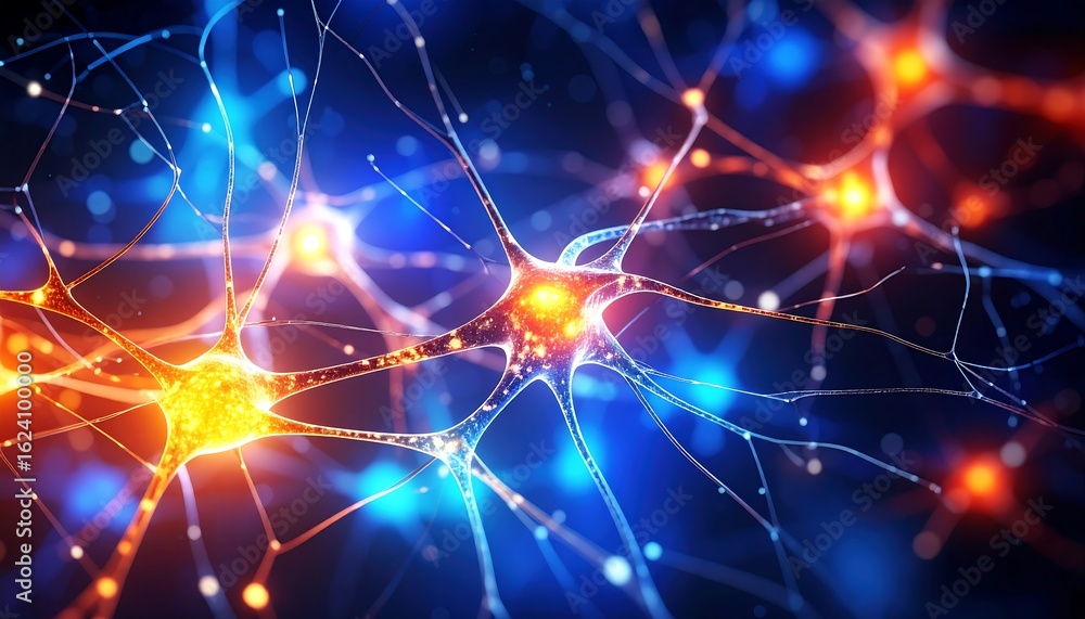 Poster glowing neurons network in brain futuristic science and technology concept.