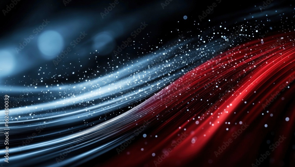 Poster a dynamic wave of red and blue light with sparkling particles, creating an abstract, energetic visua
