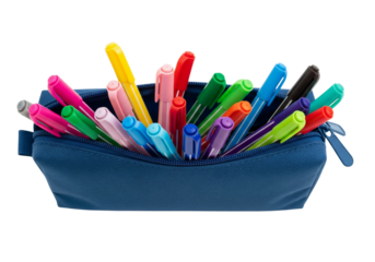 Colorful pens in a box isolated on white or transparent background