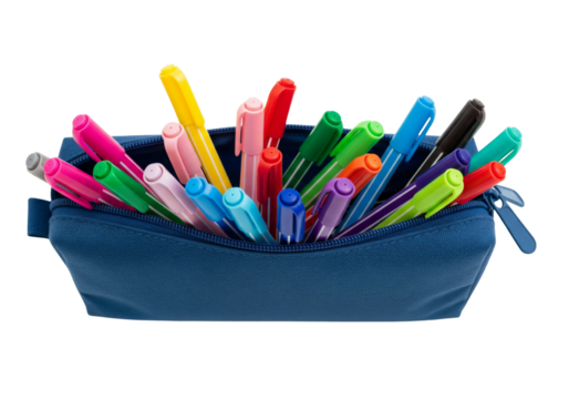 Colorful pens in a box isolated on white or transparent background