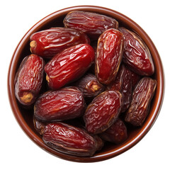 A detailed top view of a rustic brown ceramic bowl filled with sweet, dried date fruits, a healthy snack isolated.