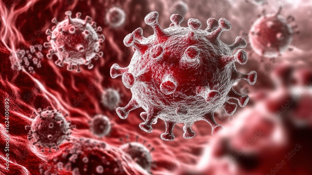 Poster a detailed illustration of virus particles, showcasing a complex, microscopic view with a red and bl