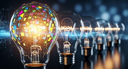 Leading light bulb glowing with a vibrant colorful mosaic pattern, digitally connected to a row of other illuminated bulbs, symbolizing unique innovation.