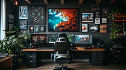 Dark, modern home office with multiple monitors, framed artwork, and plants