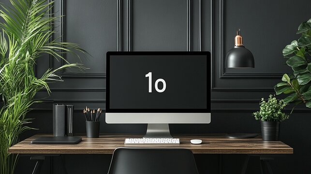 Dark, modern workspace with computer, plants, and wooden desk - Powered by Adobe