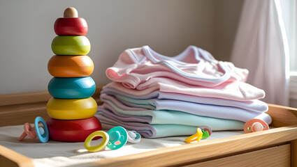 Stacking toys next to baby onesies and pacifiers styled for ecommerce highlight coordinated nursery sets