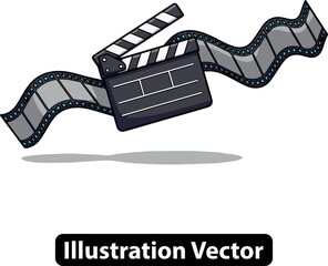 Cinema production concept with a movie clapperboard and a flowing film strip, vector art