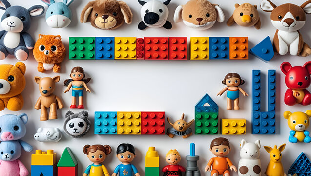 Toys arranged as a flat-lay for catalog provide clear view of product features in a minimalist layout