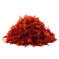 Fototapeta premium A vibrant pile of high-quality red saffron threads, an expensive and aromatic gourmet spice isolated on a white background