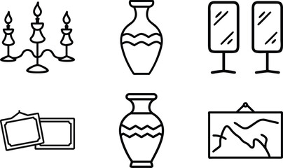 A clean and minimalistic set of six black silhouette icons representing various home decor items, displayed on a white background. This vector style illustration includes a candelabra, decorative vase