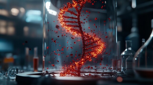 DNA strand, fiery, contained in glass jar, lab setting