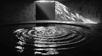 Circular pool reflecting light in a dark, stone chamber