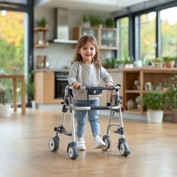 Child using walker in kitchen