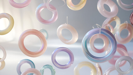 Pastel rings suspended mid-air in motion capture playful energy and soft vibrance through visual levity