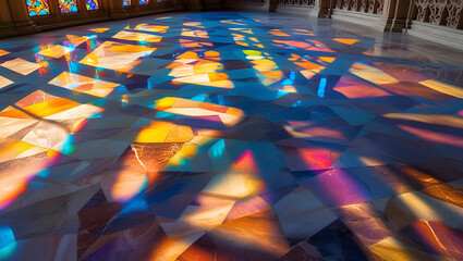 Tower casting colorful shadow on the floor creates artistic contrast and vibrant visual storytelling