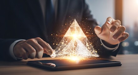Businessman's hands interacting with a dazzling, glowing holographic pyramid composed of light particles, rising from a digital tablet on a dark desk.