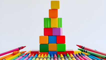 Toy stack in center surrounded by crayons builds creative composition and colorful playful balance