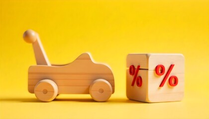 Yellow background featuring a shopping cart and percent sign, representing online shopping discounts for holiday sales