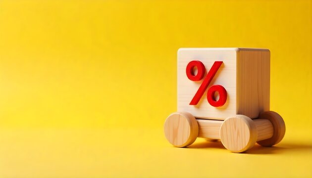 Shopping cart with a percent sign against a yellow background, indicating discounts for e-commerce holidays and online shopping - Powered by Adobe