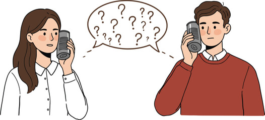 Man and Woman Talking Through Tin Can Phone with Confused Question Marks Concept for Miscommunication and Unclear Conversation Illustration