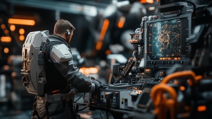 Futuristic astronaut/technician at console in a spaceship hangar