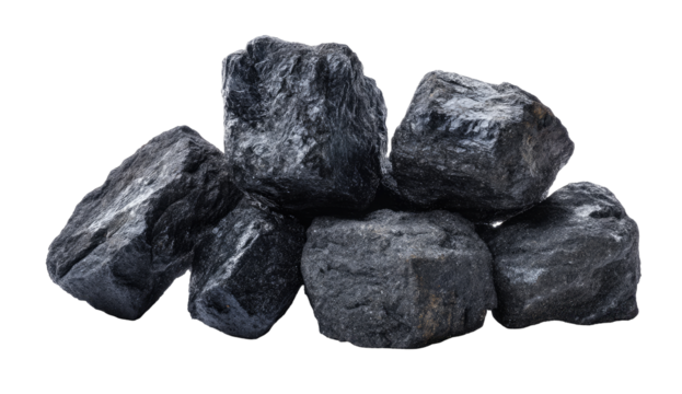 Close-up of several dark gray rocks, irregularly shaped and stacked