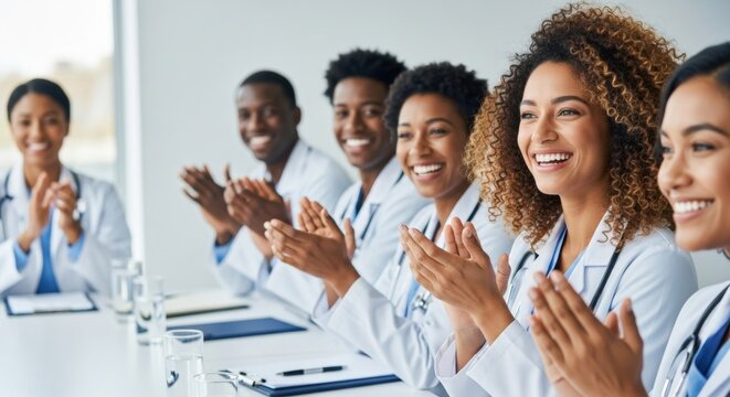 Diverse Medical Team Applauding Success: Smiling Doctors in White Coats at Conference Table