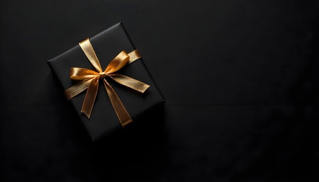 Stylish black gift box adorned with a gold ribbon on a black background, representing e-commerce holiday shopping - Powered by Adobe