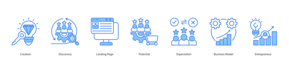 Startup Vision banner web icon set vector illustration concept with icon of creation, discovery, landing page, potential, expectation, business model, entrepreneur