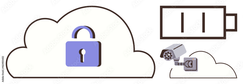Aufkleber cloud outline with secure lock and surveillance camera emphasizing data safety. battery icon implies